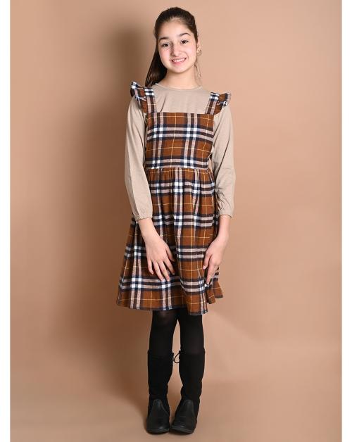 Lilpicks Girls Checkered Printed Dungaree Style Dress With Long Sleeve T-Shirt