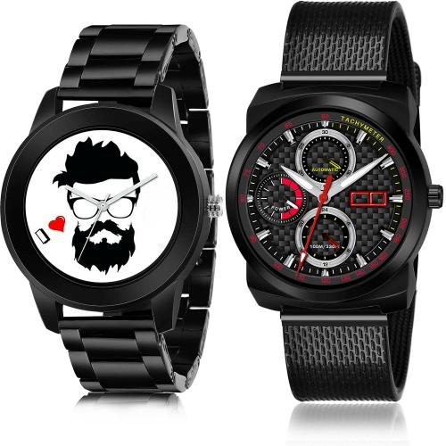 NIKOLA Brand New Model Beard Style Chain Watch Black Colour Analog Stainless Steel And Plastic Belt 2 Watch Combo For Boys And Men - B824-(60-S-10)