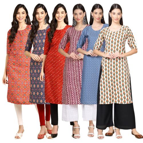 1 Stop Fashion Women's Crepe Digital Print Straight Kurta{Pack of 6}[QI-365-358-370-347-367-352-L]