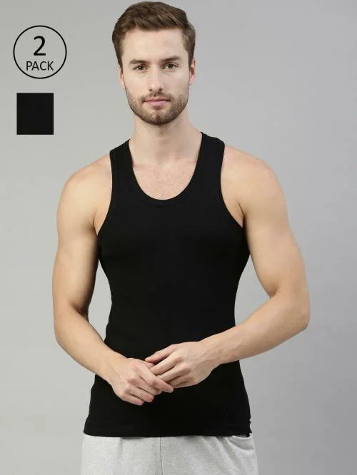 Dixcy Scott Originals Men's Black Solid 100% Cotton Pack of 2 Sleeveless Vest