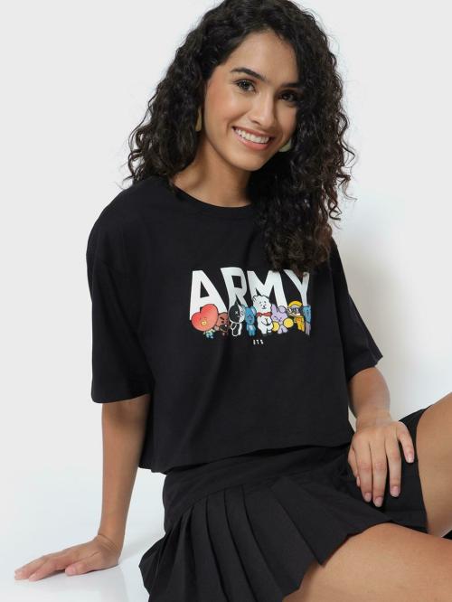 Bewakoof Women's Black BTS Army Graphic Printed Round Neck Short Sleeve Oversized T-shirt
