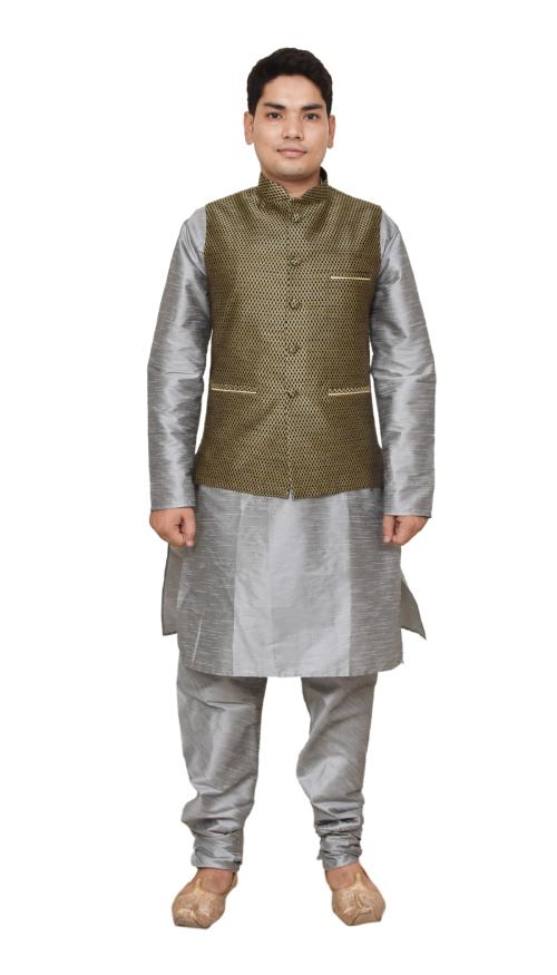 Mag Men's Silver Matching silk Kurta Churidhar With Purple Waistcoat