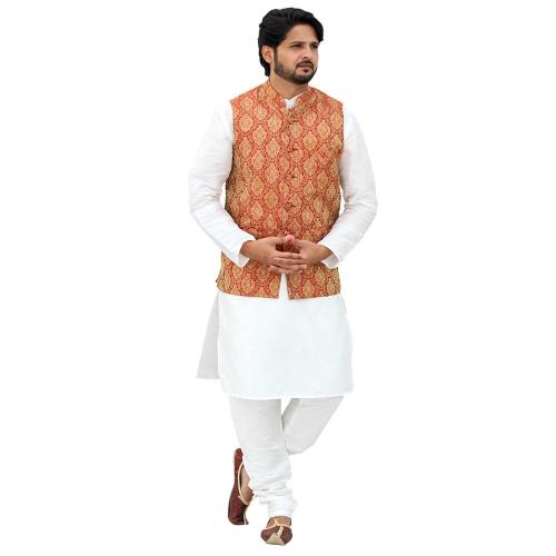 Om Shubh Mangalam Men's Silk Blend White Kurta Pajama With Maroon Jacket