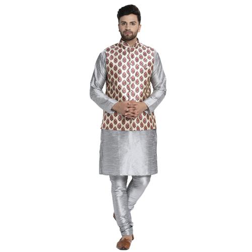 Bontestitch Men's Silk Blend Silver Kurta Pajama with Designer Ethnic Nehru Jacket | Modi Jacket | Waistcoat (Size: S, JAIPURI)
