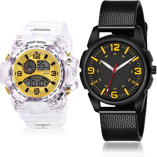 TIMENTER Brand New Branded Transparent Army Sports White And Black Colour Analog And Digital Plastic Belt 2 Watch Combo For Boys And Men - BC30-(48-S-10)