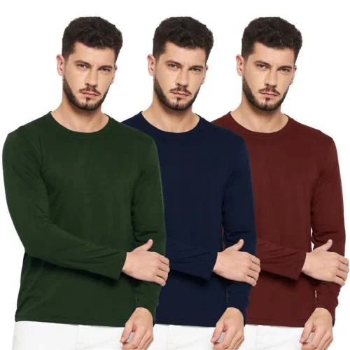 Lazychunks Men And Women Navy Blue, Olive Green, Maroon Cotton, Polyester Pack Of 3 Round Neck T-Shirts
