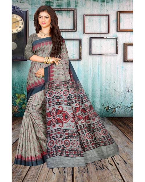 BULSARI Sambalpuri Ikkot Cotton Print Saree., Ikkot Cotton Saree New-Tready Saree Printed Saree Premium Quality|Pack of 1|Grey