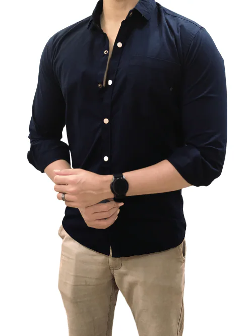 Navy Blue - 2XL Metal Crown On Pocket Snap Button Shirt For Men TeesTheDay