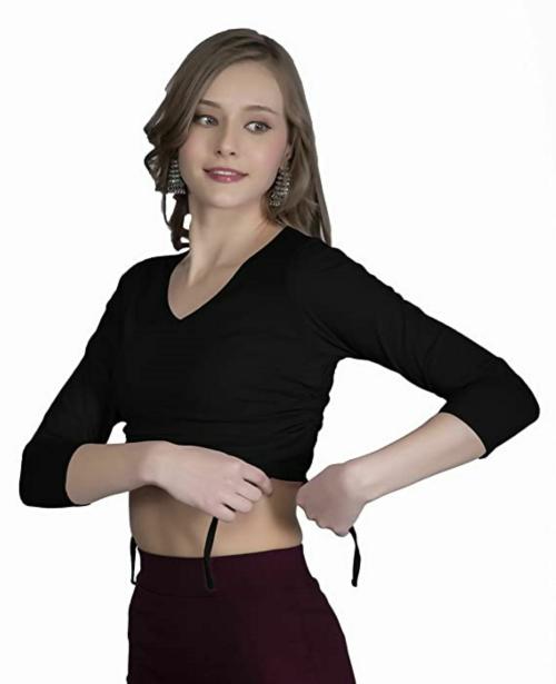 THE BLAZZE B4090 Women Cotton V Neck 3/4 Sleeves Adjustable Drawstring Crop Tops Black Readymade Saree Blouse for Women