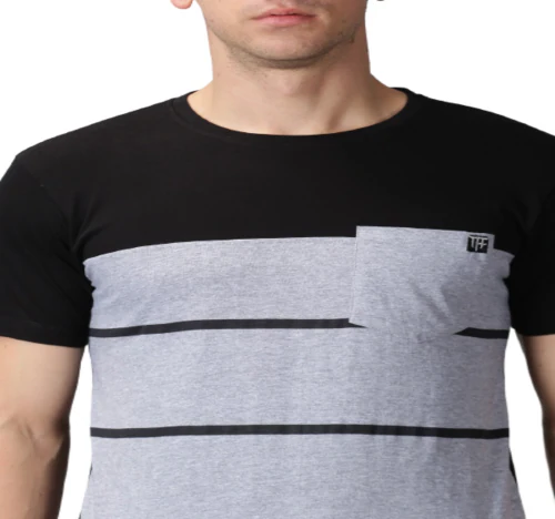 THE FASHION FACTORY Men Striped Round Neck Cotton Blend Black, Grey T-Shirt-M