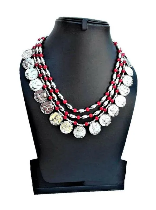 Total Fashion Silver Plated Traditional Ginni 3 Line Red Beads Necklace for Womens and Girls