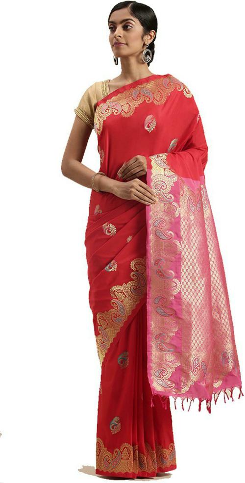 Thara Sarees Women Red Solid Art Silk Saree