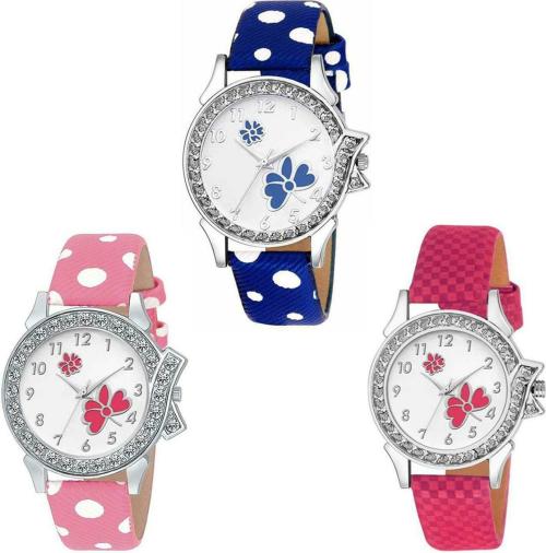 SPLAZOS Round Diamond Stunned Formal Leather Analog White Dial Pink Strap Watches for Women (pack of 3)