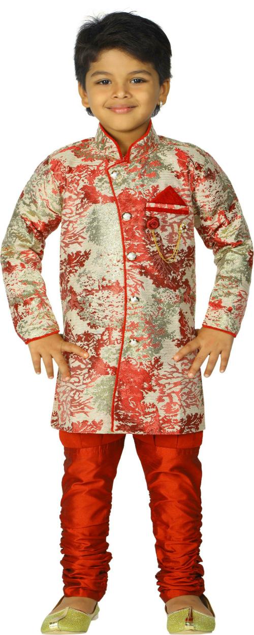 Ahhaaaa Boys Red Full Sleeve Silk Cotton Blend Embellished Sherwani and Churidar Set