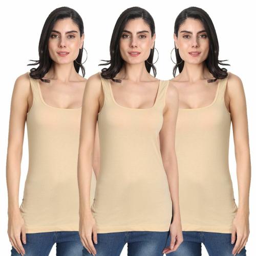 Aimly Women's Regular Fit Cotton Long Camisole Slip Beige S Pack of 3