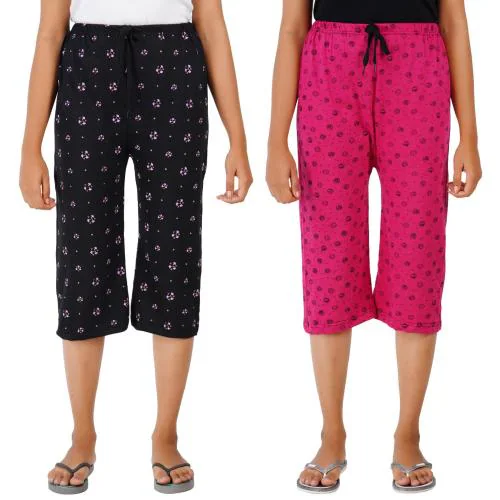 Suman Tex Women Multicolor Printed Cotton Pack Of 2 Capris With Nada (Xl)