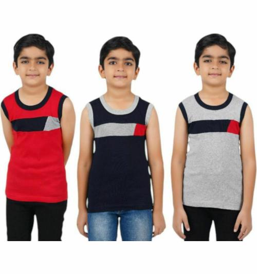 Metro Stitch Boys Navy Blue, Melange, Red Colorblock Cotton Pack Of 3 Vest (9-10 Years)