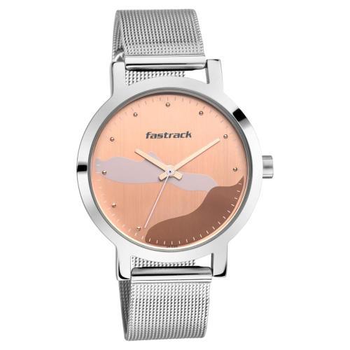 Fastrack Analog Dial Rose Gold Band Steel Bare Basics Watch-6222Sm01 For Womens