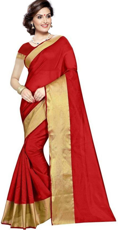 SUALI Women Red Solid Georgette Single Saree