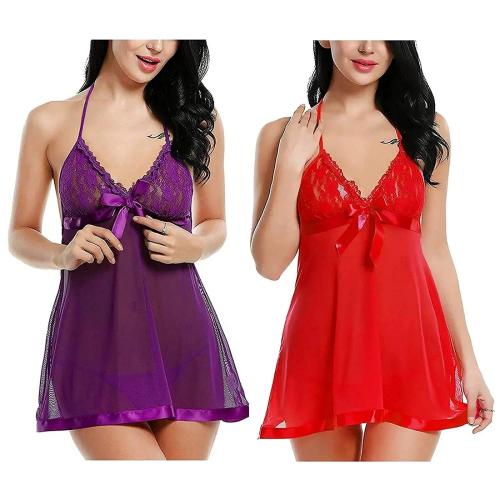 FASHION BONES Baby Doll Nightwear Robe | Kimono Lingerie | Negligee | Sleep Dress & Bra Panty Hot Sexy for Honeymoon, First Night, Anniversary for Women, Ladies & Girls (Purple & Red) (Free Size)