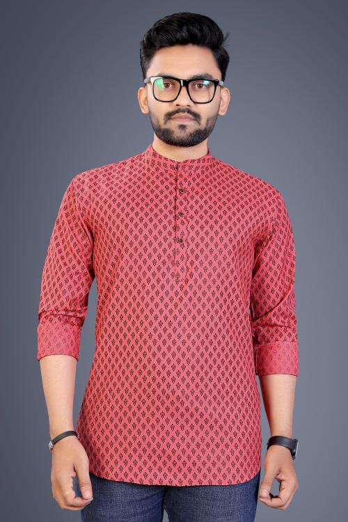No Filter Men Solid Cotton Blend Straight Kurta (Pink)