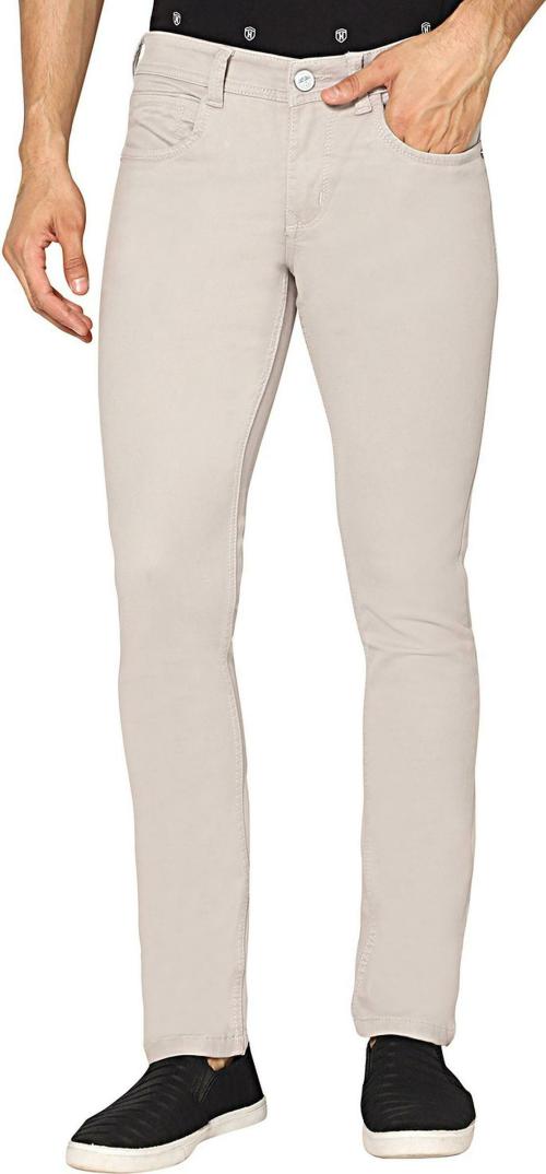 TCI Men Beige Solid Cotton Blend Jeans (Size 28)