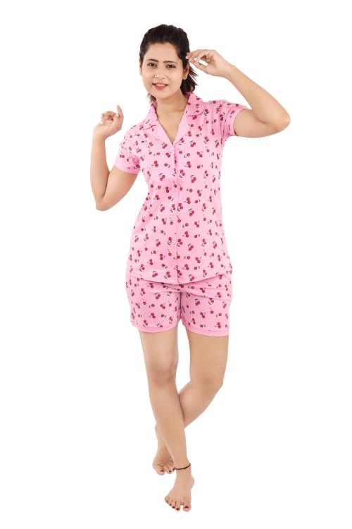 SPANZ Teen Girl's Comfy Half Sleeve Cotton Sleepwear Shirt & Shorts Set for Summer (Color-Pink, Size-L)