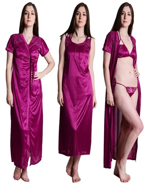 Women's Satin Wine Nightwear/Nightdress 4pc Set Nighty, Wrap Gown, Bra & Thong SL059 E