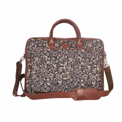 ZOUK Black Floral Handmade Vegan Leather Women's Office Bag with double handles -FloMotif
