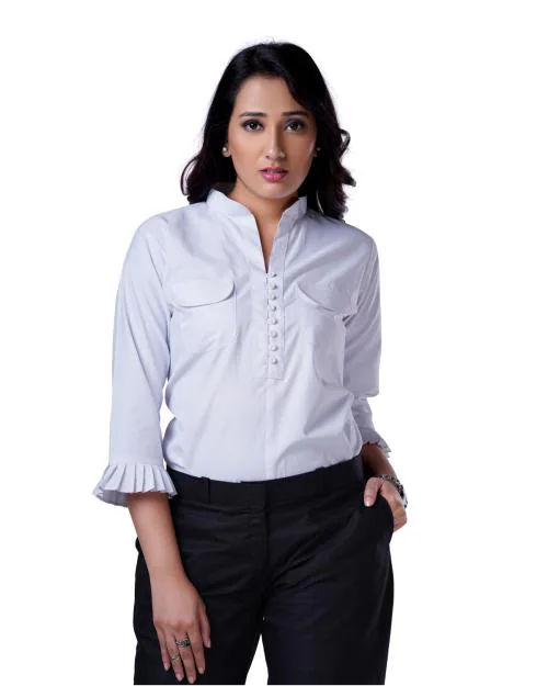 Charcoal Fashion Women's Solid White Mandarin Collar Shirt