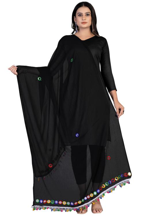 Kemza Women's Plastic Mirror Work Chiffon Dupatta (Black) with Multicolor Threads