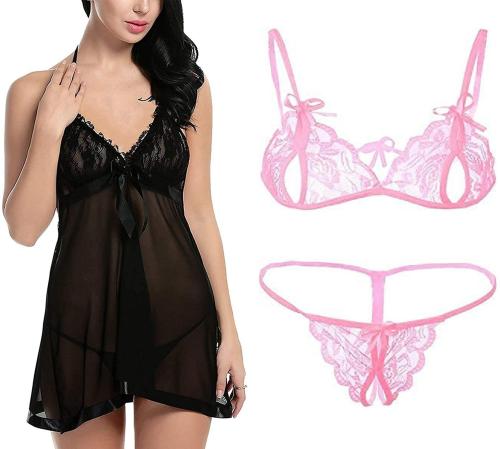 Iyaracollection Women Black Self Design Net, Lace Bra And Panty Set (34)