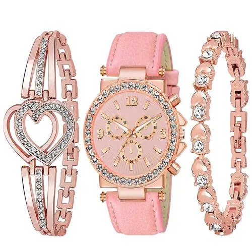 Goldenize Fashion Analog Rose Gold Dial Rose Gold Strap Watch and Bracelet Combo for Girls And Women, PD_HEART-DOT (Pack of 3)