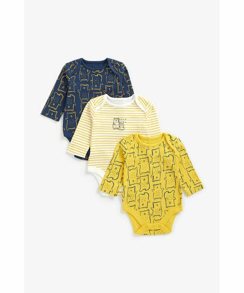 Mothercare Boys Full Sleeves Bodysuit Bear Print - Pack of 3 - Multicolor
