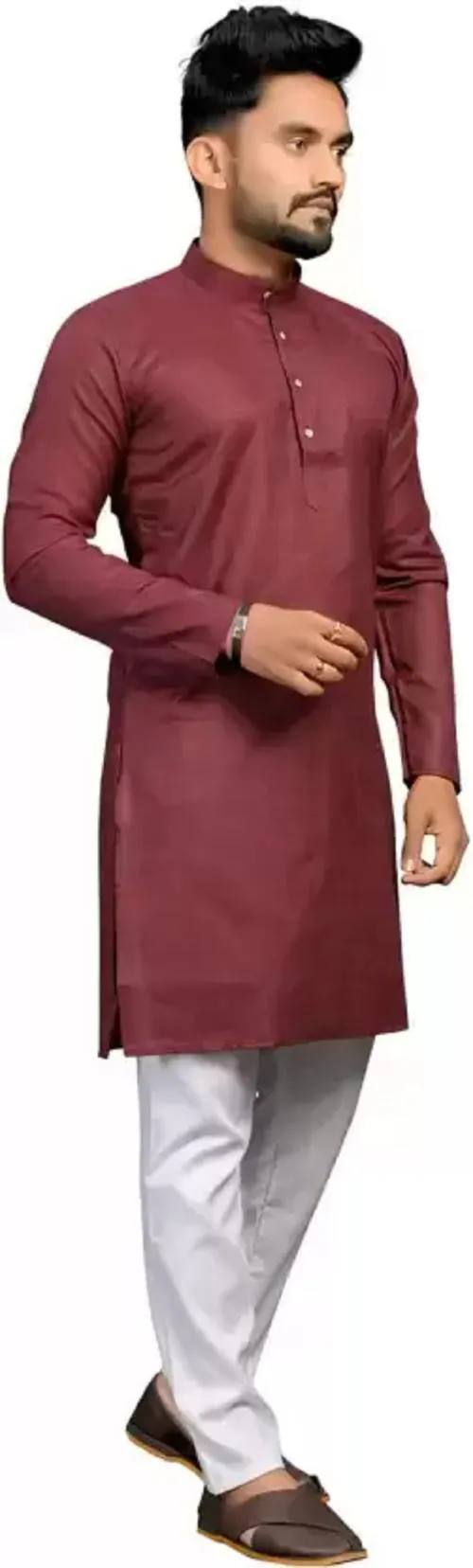 ANUJ FASHION Men's Cotton Blend Plain Full Sleeves Formal Kurta (Maroon-L)