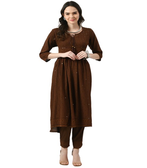 Altiven Women's Stylish Fusion Kurta & Pant Set - Elegant Ethnic Wear for Every Occasion Chicken Embroidery Rayon Cotton Brown