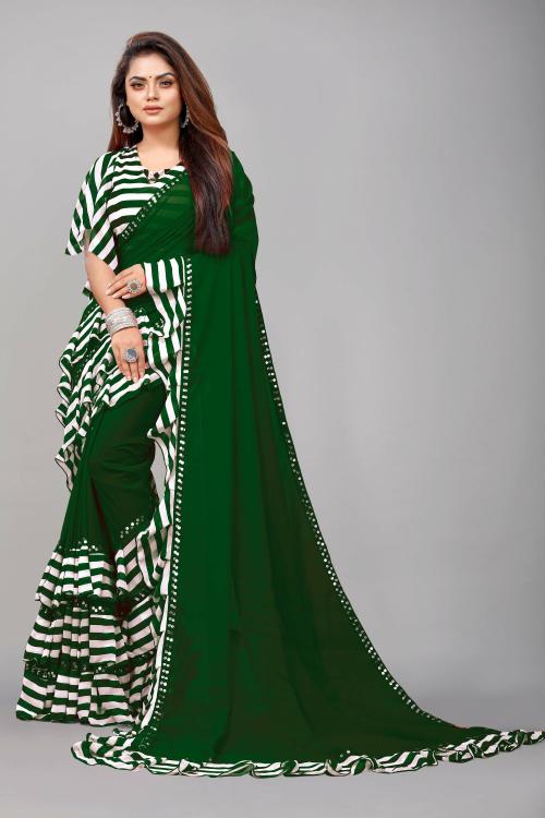 Flip The Style Women Dark Green Zebra Striped Georgette Bollywood Saree, 5.5 m