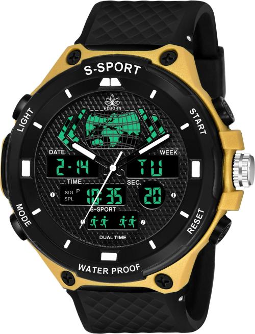 Reborn Alarm Chrono Waterproof Shockproof Outdoor Sports Analog-Digital Black Dial Black Textured Strap Watch for Men