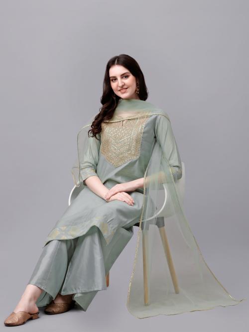 Curie Apparels Women's Embroidered Kurta Set With Net Dupatta (Olive) (CAJK43MAHARANI)