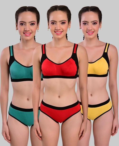 Yana Women Yellow, Green, Red Self Design Cotton Blend Set Of 3 Bra And Panty (30)