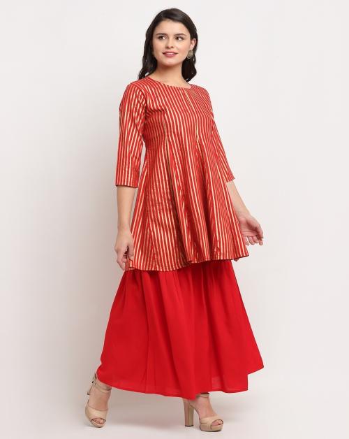 The Mini NEEDLE Gotta Patti Red Strip Kurti with Sharara Set-XXL,Red