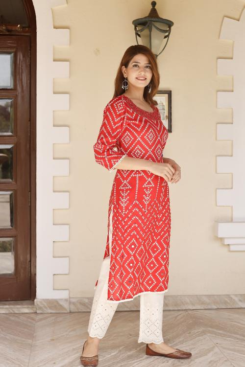 AMIRA'S INDIA ETHNIC WEAR Womens Viscose Silk Bandhej Print & Embroidered Straight Kurta Cotton schiffli Pant Set (Red)