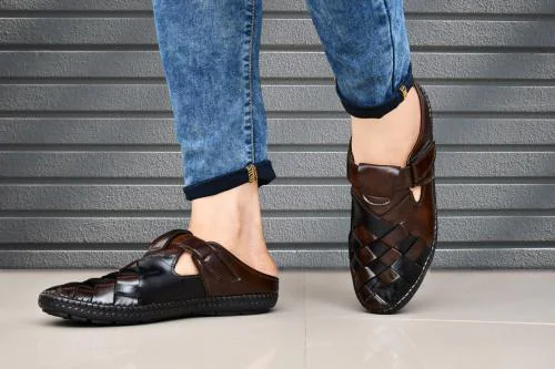 Rowlans Comfortable Synthetic Leather Casual Men Roman Sandals (Black, Brown)