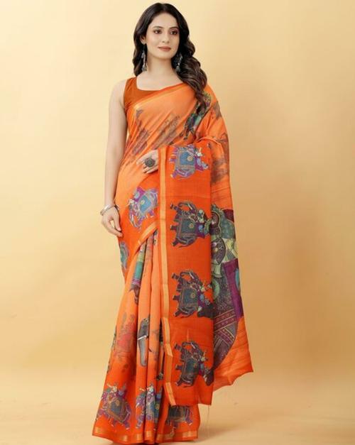 Rachna Women Orange Animal Printed Saree (One Size)
