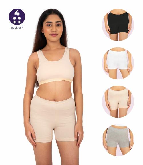 Adira | Cycling Shorts Women | Shorts For Women| Soft & Comfy, Knitted Stretchy Fabric | Perfect Length To Wear Under Dress | Plus Size | Pack Of 4 | Skin, White, Black & Grey | 5XL