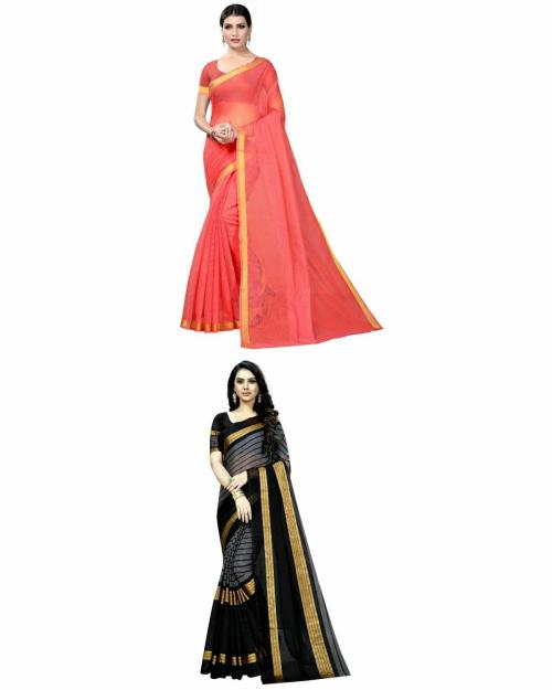 Suntex Women's Peach & Black Colour Cotton Silk Saree With Blouse pack of 2