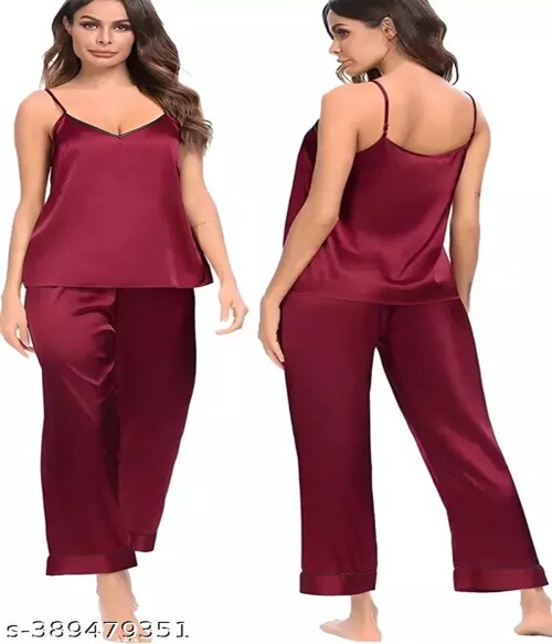 LRT Trending Satin Cami Top, Spaghetti Top, Night Suit, Sleeveless Top Pajama, Sleep Wear To Be Wear In Summers For Girls And Women-Size-XL-Red