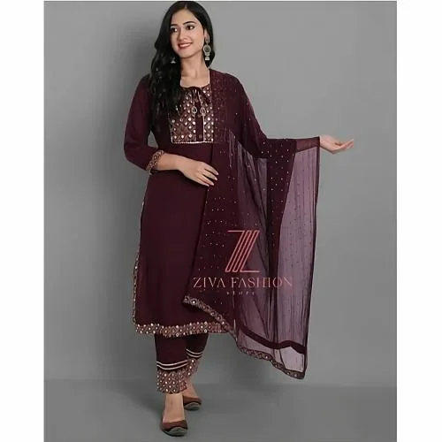 GranthImpex Rayon Kurta Pant and Dupatta Set for Women | Festive & Casual Wear | Stylish Indian Outfit | Ethnic Party Wear | Comfortable and Trendy | Designer Kurti Pant Set with Matching Dupatta | Wine | Size-XL