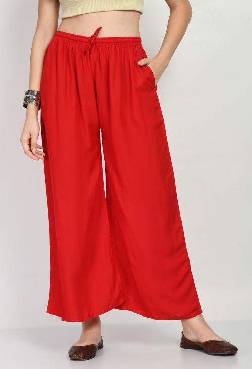 MAURYA Women's Red Color Solid Elasticated Regular Palazzo Pants - Designer Plazo For Women (3XL)