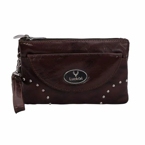 LuckOn Brown Leather Hand Clutch Bag